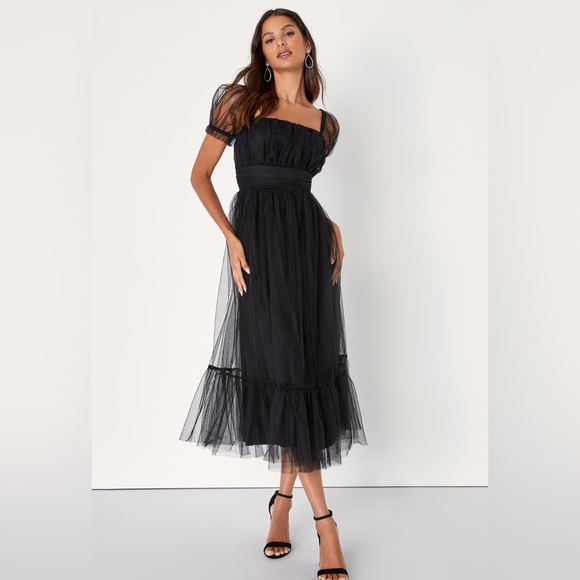 Lulus Flawless Aura Black Tulle Puff Sleeve Ruffled Midi Dress - Picture 5 of 9